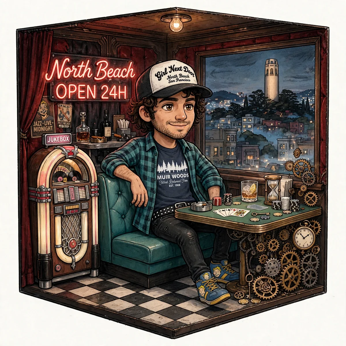 Nick in a Girl Next Door / North Beach trucker cap and a teal plaid shirt over a Muir Woods tee, sitting back in a green booth in a North Beach speakeasy at night. A jukebox glows beside him, a NORTH BEACH OPEN 24H sign burns red over posters for live jazz at midnight, and Coit Tower stands lit in the window. On the green felt table: cards, chips, whiskey, an hourglass — and clockwork gears spilling out from under it.